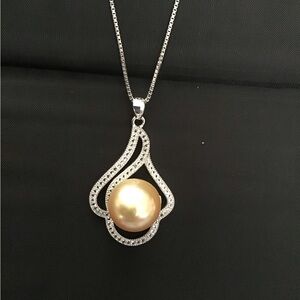 JTV 925 Silver Golden South Sea Pearl & Topaz Necklace 18”
